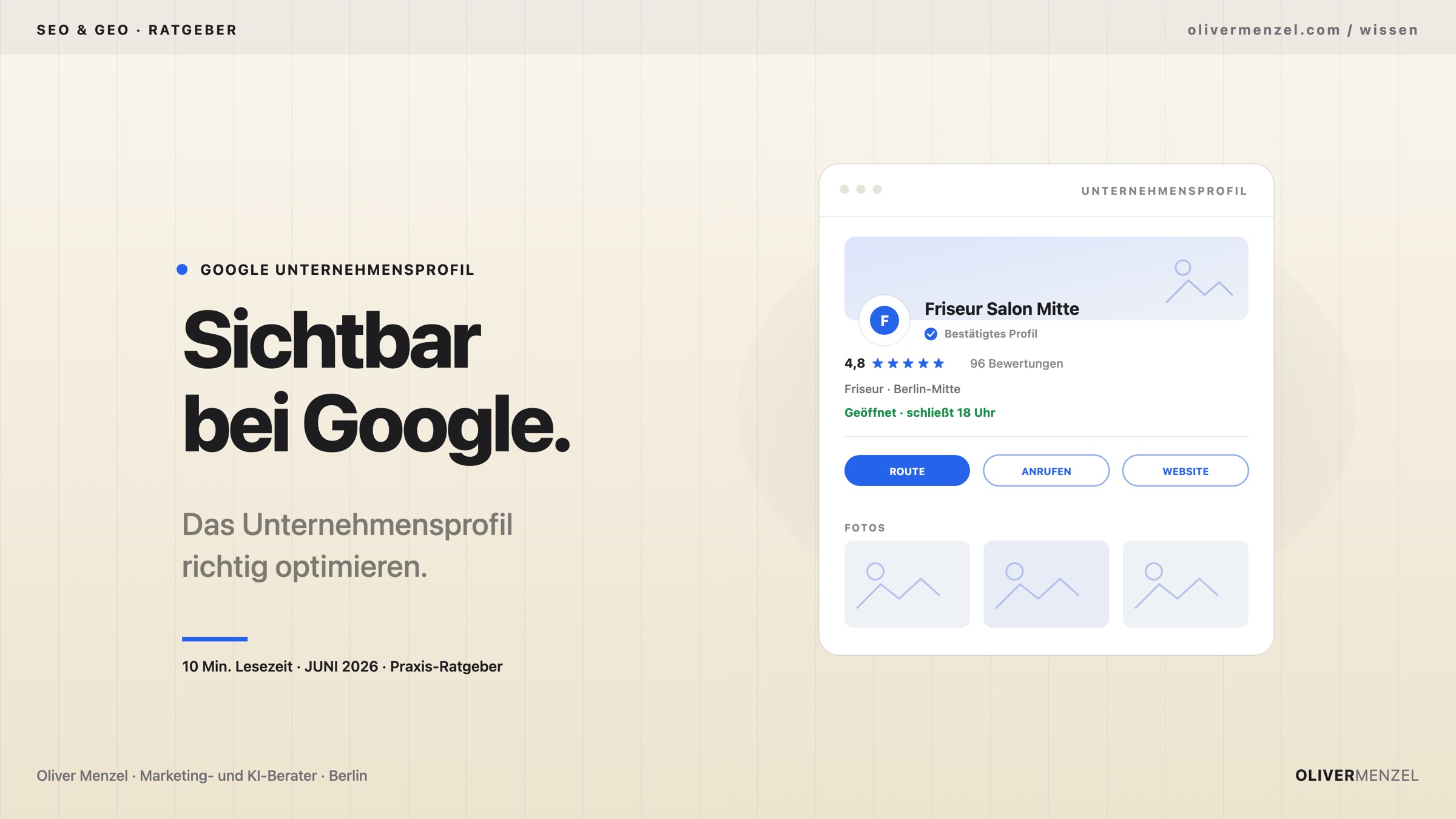 Google Unternehmensprofil optimieren. Cover zum Ratgeber von Oliver Menzel.
