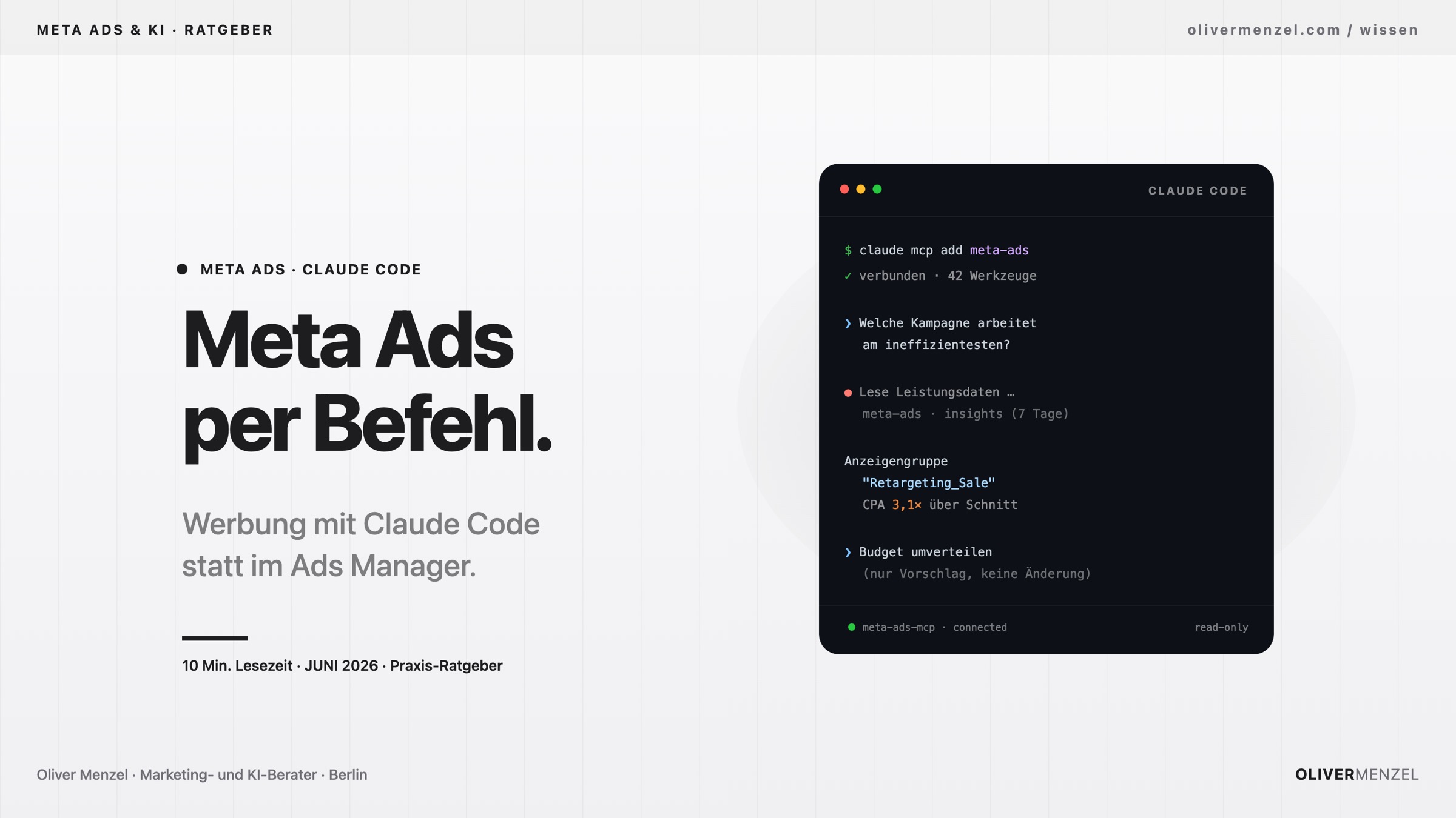 Meta Ads MCP, Werbeanzeigen mit Claude Code steuern. Cover zum Ratgeber von Oliver Menzel.
